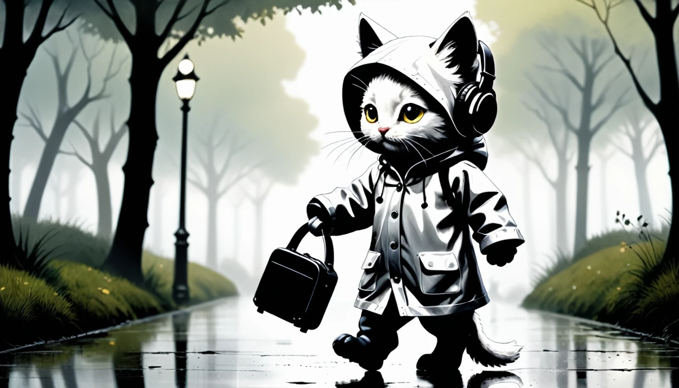 (photo cinematic), (((raining))), anthropomorphic, cute white kitten, raincoat, misty park, walking, listening to music on headphones, 2D, silhouette, Jean-Baptiste Monge style, Alan Lee style