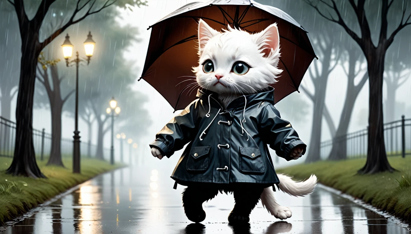 (photo cinematic), (((raining))), anthropomorphic, cute white kitten, raincoat, misty park, walking, listening to music on headphones, 2D, silhouette, Jean-Baptiste Monge style, Alan Lee style