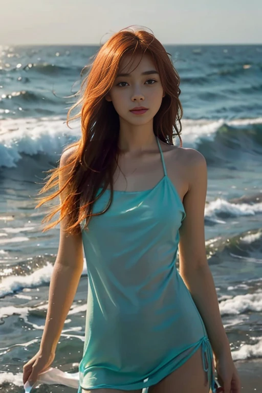 (masterpiece, Highest quality), ((One girl, alone, Long Hair)), Ishmael_edge, Innocent look, Bare arms, Bare shoulders, Bear neck, watercolor, Sundress, Liquid clothing, water, Wave, water dress, green_theme, night, haze, dark, Sharp focus, Ocean, See-through dress, Orange Hair　bikini