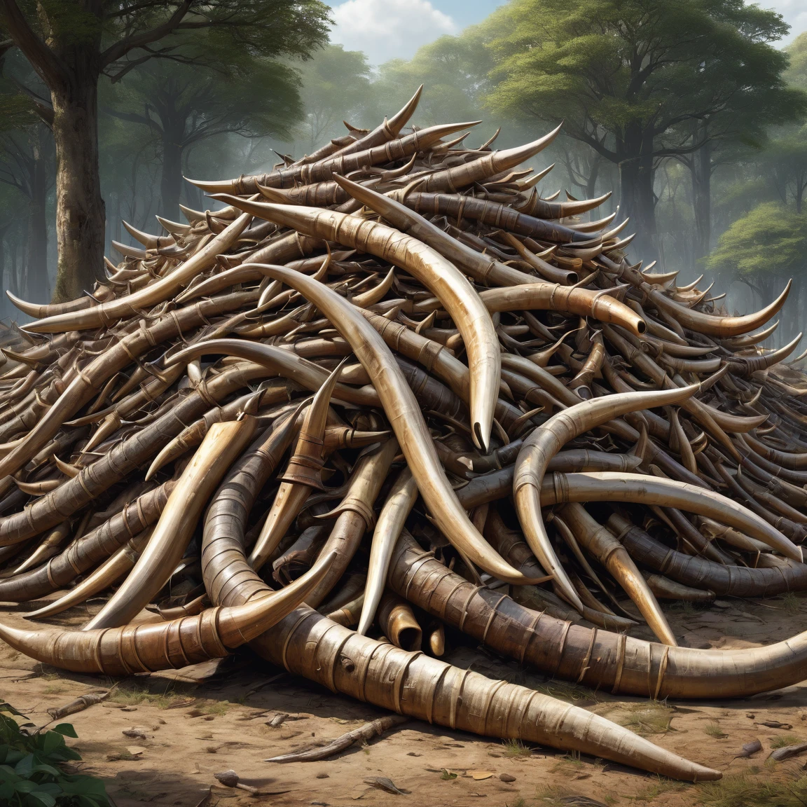((best quality)), ((masterpiece)), ((realistic,digital art)), (super detailed), (piles of tusks piled up on the ground in a hunting camp), (style medieval fantasy)