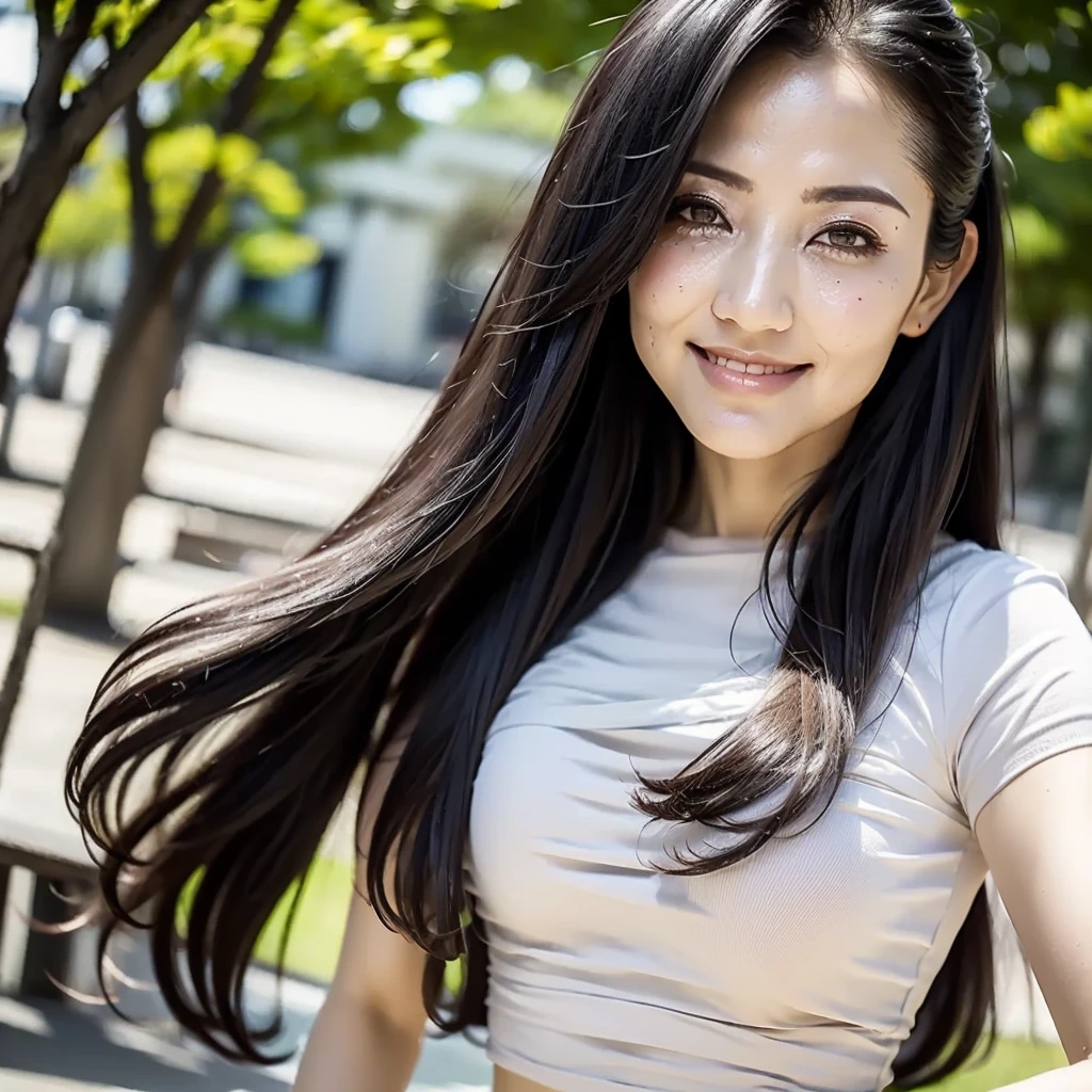 ((Highest quality, 8K, Ultra-high resolution)), ((masterpiece: 1.3)), (Perfect appearance), (Photorealism: 1.6), (JMA), (Portrait of a Japanese mature woman), (Blurred Background), (sunny day in a park), (Woman standing in the shade), ((Looking into the distance)), ((Realistic skin texture)), (Fine wrinkles appear all over the skin, Dullness, Unmoisturized skin, Wrinkles around the eyes, double eyelid, Lower eyelid tear trough, Tears, Dimples), (Precise eyeball), Slightly parted lips, Smiling Kindly, (Medium Wave Hairstyle), (Thin and smooth hair), (Wide neckline blouse), (Soft-touch blouse), (Close-up of face), (Angle from below), 
