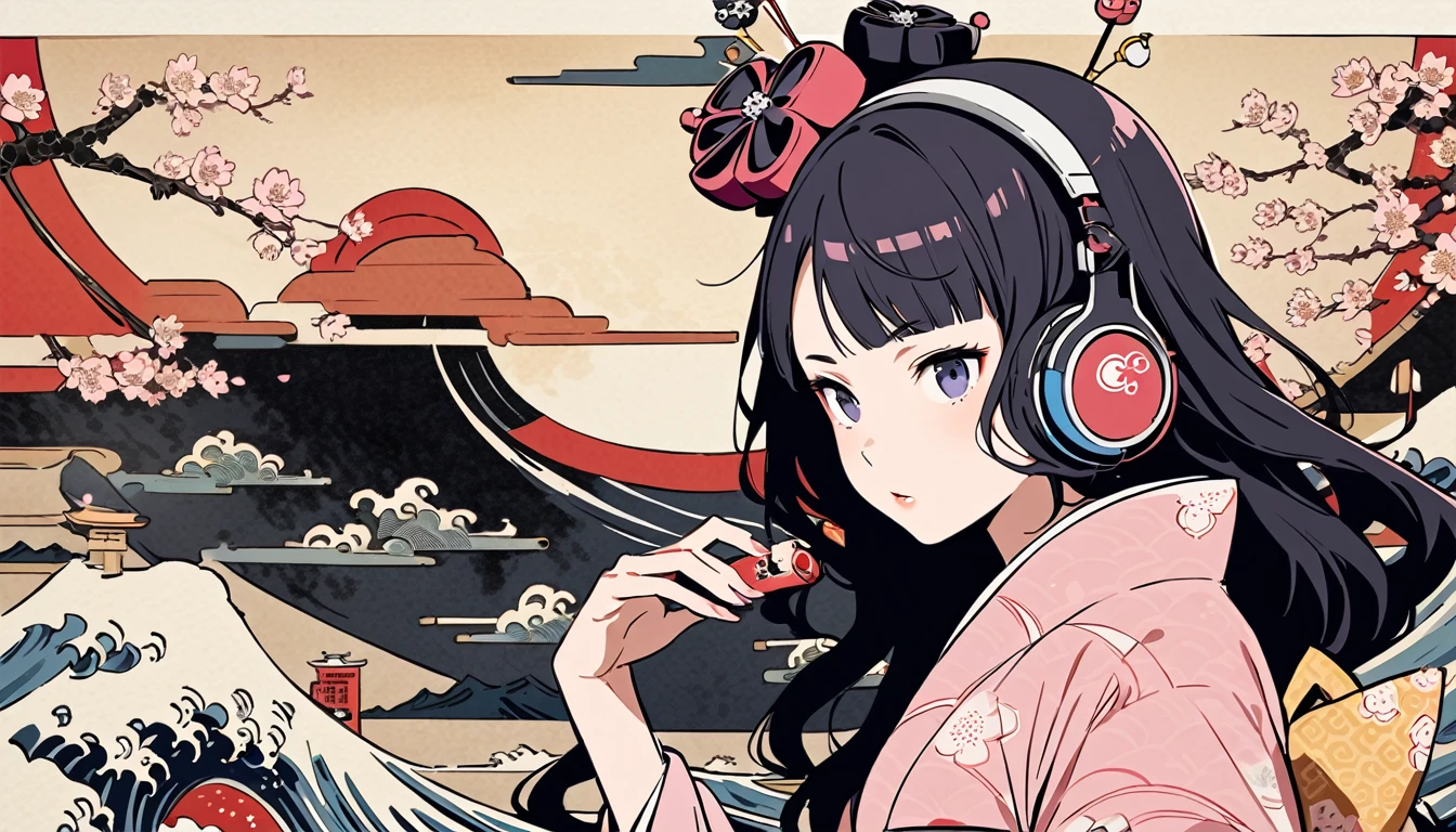 Highest quality, Katsushika Hokusai, Ink Painting, (((longhair))), (((Pink kimono))), Japanese style headphones, cherry blossoms, beautiful girl, Black Hair, Delicate and precise, Modern ukiyo-e style,