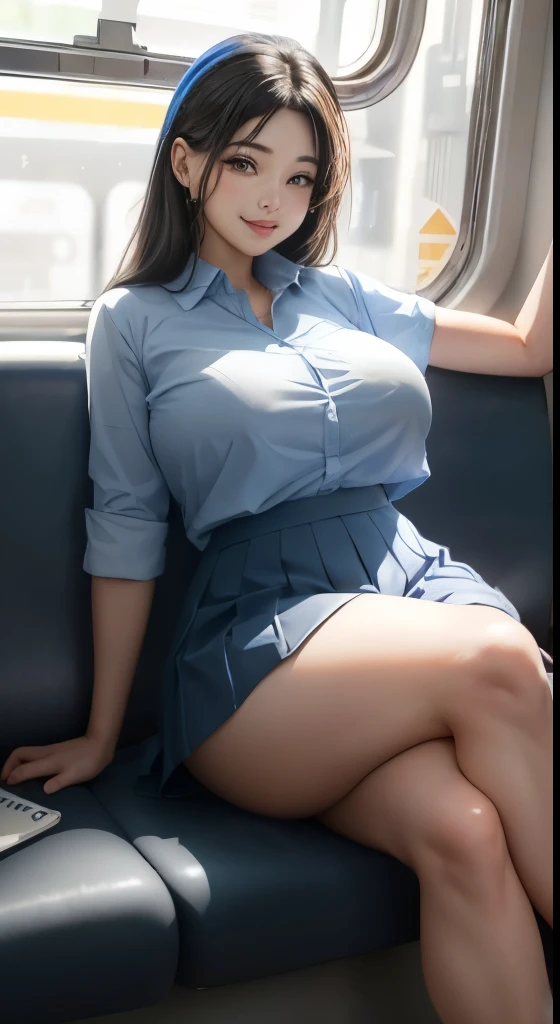 Highest quality、(Perfect Anatomy)、Photorealistic, Realistic, ( Intricate details, Depth of written boundary)、Hyperrealism, 8K, Highest quality, Super detailed, retina, Very detailed, Perfect Face, Perfect body, Huge breasts, narrow, Very big ass, Glamour,Straight Hair、Beautiful woman,Black-haired、Japanese Goddess、 Perfect appearance, smile, ta, Oily skin、Glowing Skin、Natural soft light, Anatomically correct((Full Body including thighs))、Skin Texture, ((SFW:1.5)), uniform、Navy blue ribbon、Light blue shirt、Navy Blue Skirt、Gravure idol pose、in the train、Beautiful legs、Gravure idol pose