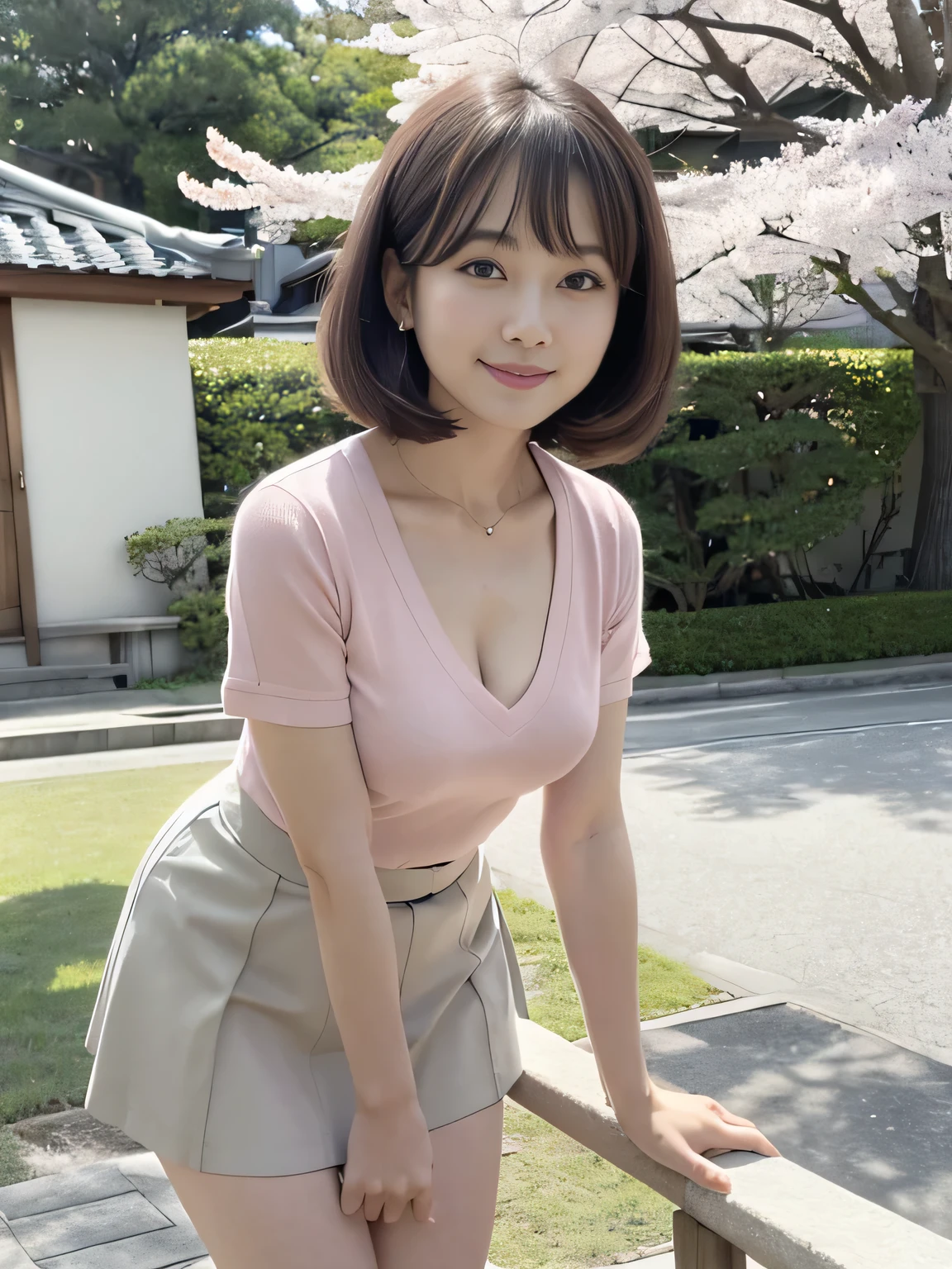 (Leanwg forward:1.3), mwi skirt, 50-year-old women,Retro Photography, 1960s , AGFA, Kodak, One girl, Lookwg_w_Audience, smile, Japan, Tokyo, Cherry Blossom, Octane Renderwg, 一人w, Very skwny,V-neck buttoned shirt, (Small breasts:1.1)