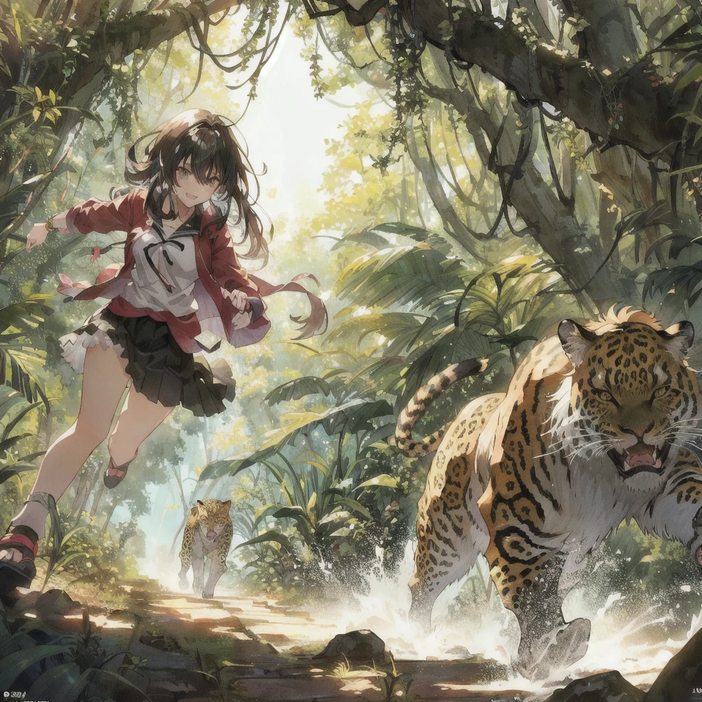 Anime girl running through the jungle with a fanged leopard, Crazy Smile,Anime fantasy illustration, 2. 5 d cgi Anime fantasy artwork, Anime fantasy artwork, Anime Style 4k, 4K Manga Wallpapers, Fantasy art style, Beautiful anime art, Anime illustration, Fantasy-style anime, Anime Nature, anime art wallpaper 4k, anime art wallpaper 4k, Detailed digital anime art