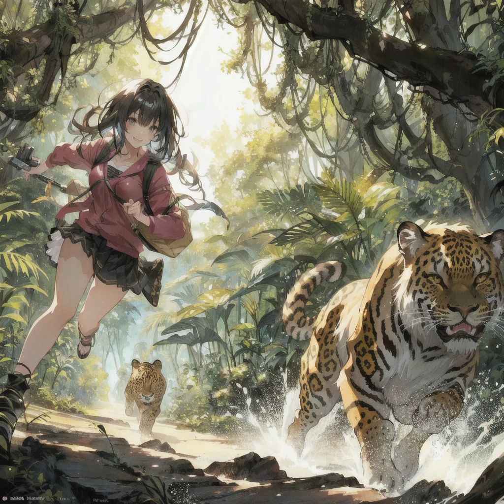 Anime girl running through the jungle with a fanged leopard, Crazy Smile,Anime fantasy illustration, 2. 5 d cgi Anime fantasy artwork, Anime fantasy artwork, Anime Style 4k, 4K Manga Wallpapers, Fantasy art style, Beautiful anime art, Anime illustration, Fantasy-style anime, Anime Nature, anime art wallpaper 4k, anime art wallpaper 4k, Detailed digital anime art