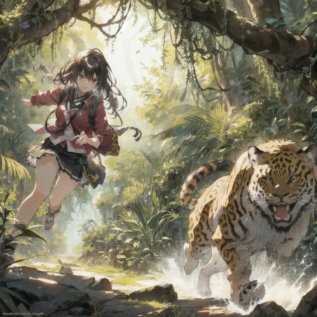 Anime girl running through the jungle with a fanged leopard, Crazy Smile,Anime fantasy illustration, 2. 5 d cgi Anime fantasy artwork, Anime fantasy artwork, Anime Style 4k, 4K Manga Wallpapers, Fantasy art style, Beautiful anime art, Anime illustration, Fantasy-style anime, Anime Nature, anime art wallpaper 4k, anime art wallpaper 4k, Detailed digital anime art