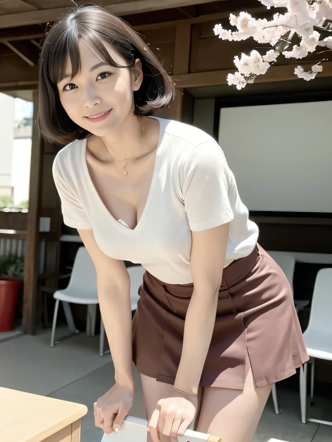(Leanwg forward:1.3), mwi skirt, 50-year-old women,Retro Photography, 1960s , AGFA, Kodak, One girl, Lookwg_w_Audience, smile, Japan, Tokyo, Cherry Blossom, Octane Renderwg, 一人w, Very skwny,V-neck buttoned shirt, (Small breasts:1.1)