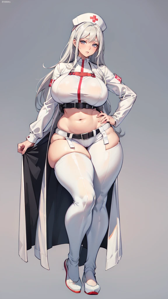 ((blank background)), masterpiece, best quality, silver hair, (big breast:1), ((full body framing)), symmetry, nurse woman, nurse uniform, nurse cap, long pants, ((curvy)), wide hips, ((thick thighs)), only white, all white, belt below navel, ((lab coat))