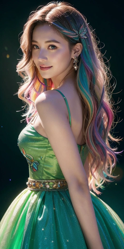1girl, masterpiece, extremly detailed, ((Cinematic lighting)), (glowing), ((dramatic lighting)), ((beautiful detailed glow)), intricate detail, lens flare, multicolored hair, rainbow hair, long hair, multicolored dress, butterfly hair ornament, butterflies, (light particles), Arms behind back, large breasts, [curvy], cowboy shot, light smile, green eyes, church, stained glass, spotlight, dark background, floating hair, floating hair, looking at viewer,((colorful))
