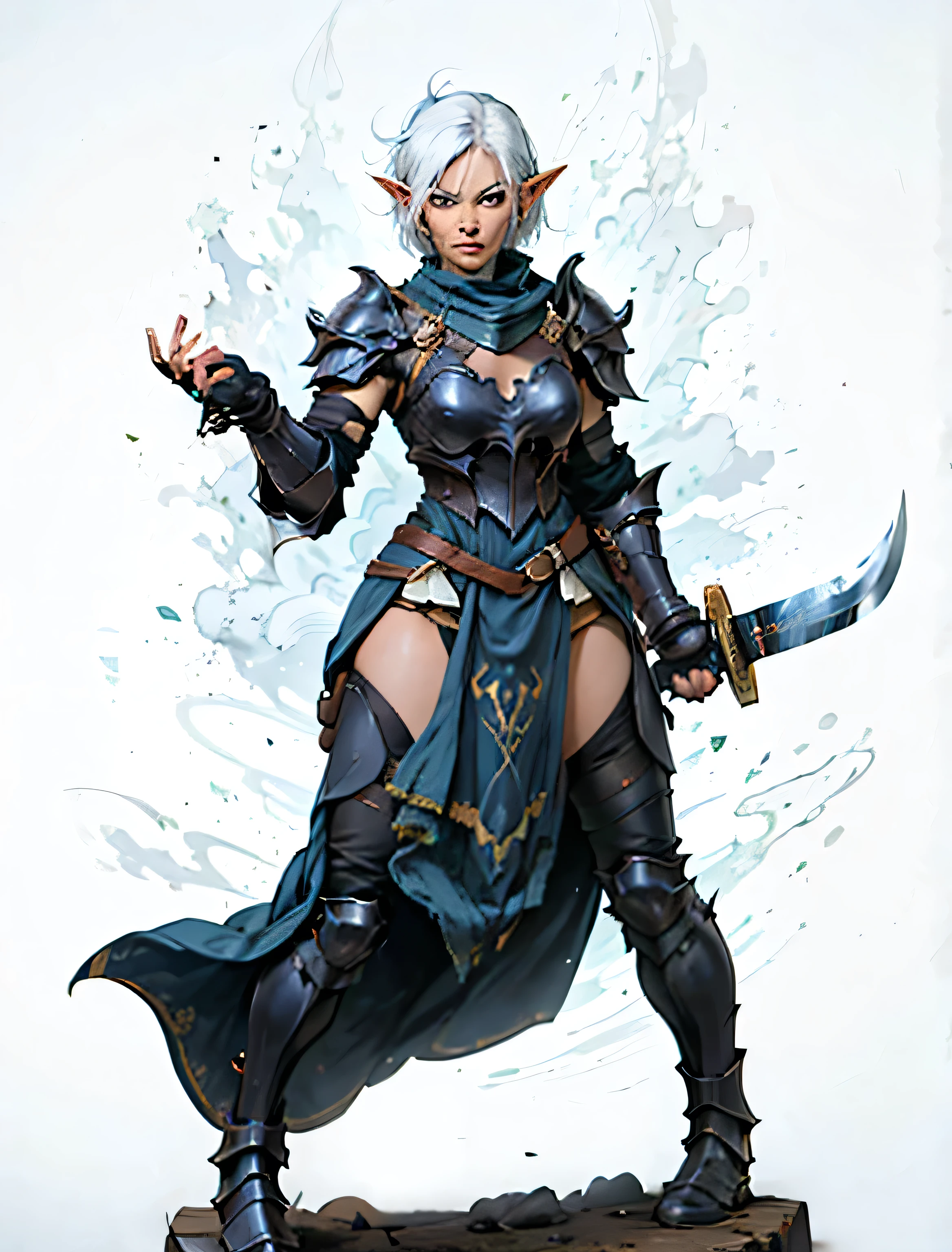 an elf in black armor, in one hand a sword, White hair, This character embodies a finely crafted anime-style fantasy-style worker, exquisite and mature manga art style, High definition, best qualityer, high resolution, ultra detali, ultra-fine painting, extremely delicate, proffesional, anatomically correcte, symmetrical face, extremely detailed eye and face, high quality eyes, creativity, CRU photo, ultra HD, 8K, naturallight, cinematic lighting, work of art-anatomy-perfect, work of art:1.5
