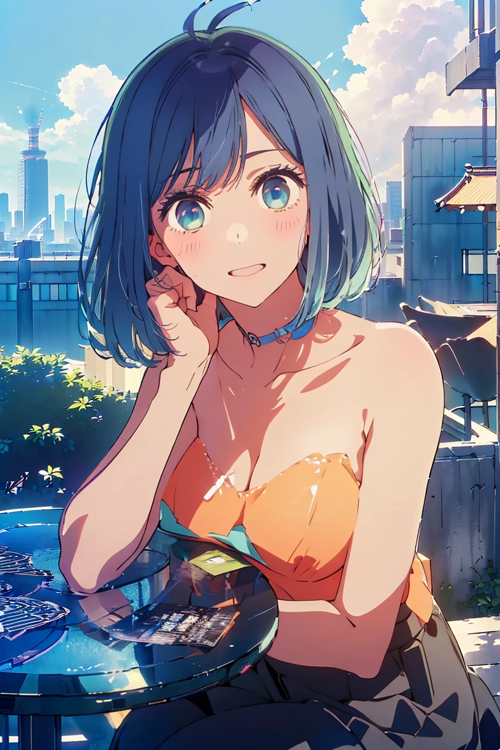 (Highest quality:1.4、masterpiece:1.4、超detailed:1.4、Ultra-high resolution:1.4、Absurd:1.4、Absolute Resolution:1.4、8K:1.4、detailed:1.4)、F cup bust、Big Breasts、Slim body、((((1 person、Surprised expression、sit、Chair、In the background are the urban buildings of Tokyo、looking at the camera、Outdoor café terrace、Navy hair color、juice、Shooting up close、table、Very cute face))))、((((nude、Areola))))、(Hand touching cheek pose:1.4)、Nipples、Very blue sky、A completely cloudless sky