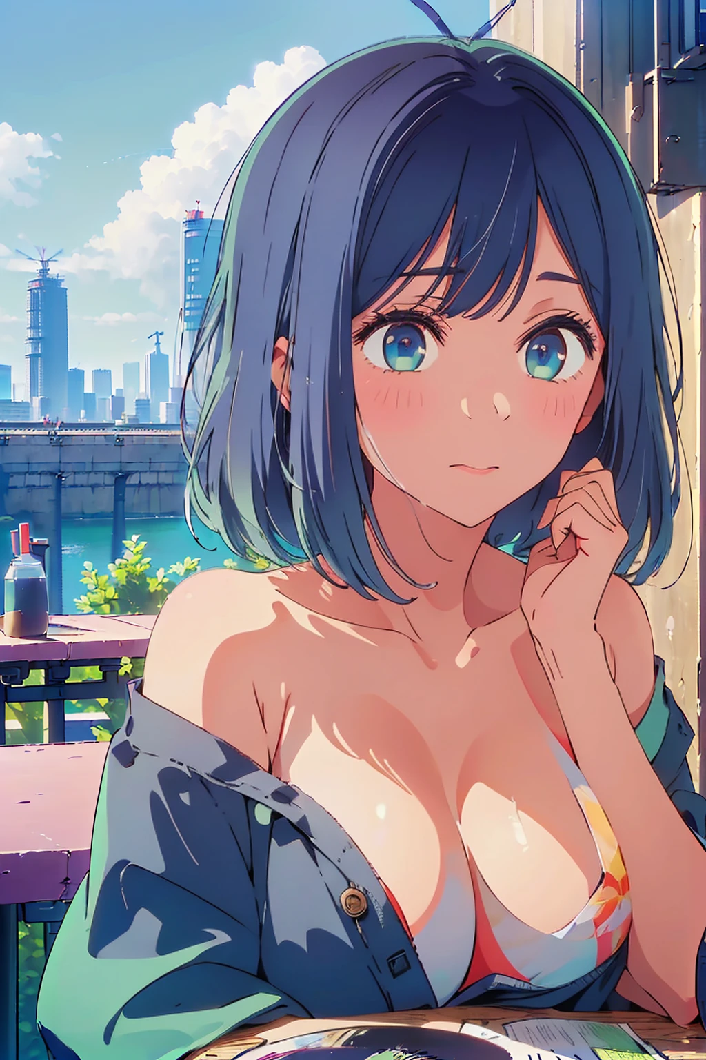 (Highest quality:1.4、masterpiece:1.4、超detailed:1.4、Ultra-high resolution:1.4、Absurd:1.4、Absolute Resolution:1.4、8K:1.4、detailed:1.4)、F cup bust、、Slim body、((((1 person、Surprised expression、sit、Chair、In the background are the urban buildings of Tokyo、looking at the camera、Outdoor café terrace、Navy hair color、juice、Shooting up close、table、Very cute face))))、((((nude、Areola、(Hanhing cheek pose:1.4)、Nipples、Very blue skyletely cloudless sky