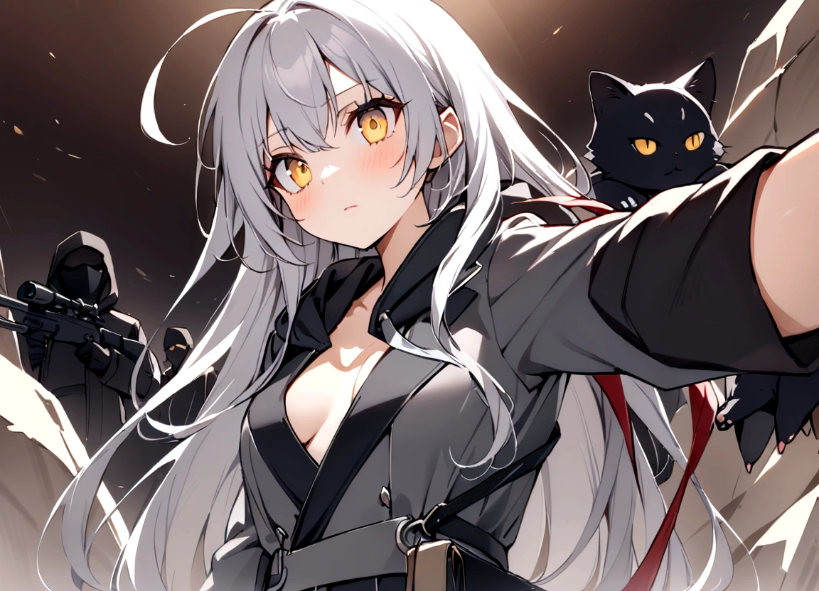 灰色のCat ear、グレーのCat ear、Gun on shoulder、(masterpiece, best quality:1.2), 1girl, 独奏,Black military uniform、Looking through the scope、Point your gun at us、Grey long hair、Ahoge、Yellow Eyes、Ready your gun?、sniper rifle、Background of military bases、Fisheye Lens、battlefield、Shadows of light and darkness、Expressionless、battle、A black hoodie over a grey trench coat、Cat ear、Wearing a black hoodie、Surrounded by enemies、Zip hoodie worn over the arm
