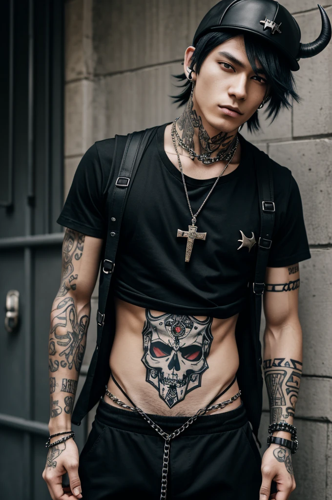 Create an image of a male anime character, the character has pale skin, The black hair has a hat with a skull with horns in the middle, He has red iron horns on his head, He has a crown with a blue fire on his head, He has red headphones with spikes on them. He has spike bracelets on his wrists., He has black barbed wire on his leg., He has a cross necklace with spikes, He has a coffin backpack with a cross and chains, At his waist he has a black herringbone chain, wear black pants, has a tsychonaut 4 style white printed short sleeve shirt with tattoos on his arms