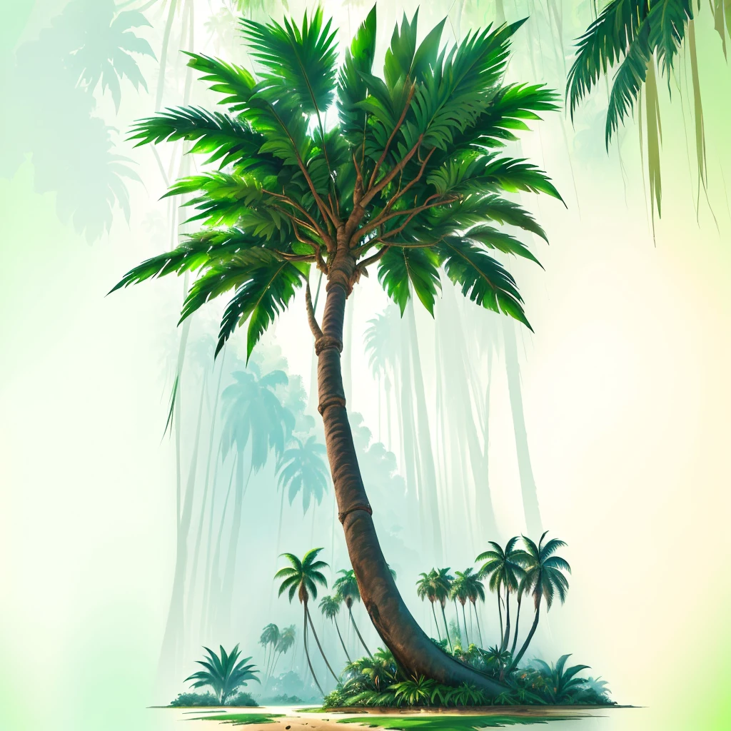 a cartoon Palm tree with a green trunk and leaves, abstract tropical landscape, Background is jungle, Background Jungle, The background is a dense jungle, green Jungle Background, Jungle Background, Jungle as background, Jungle Background, Jungle Background with ruins, a Palm tree, Tropical trees, Game assets for plants and trees, background technology, Palm tree