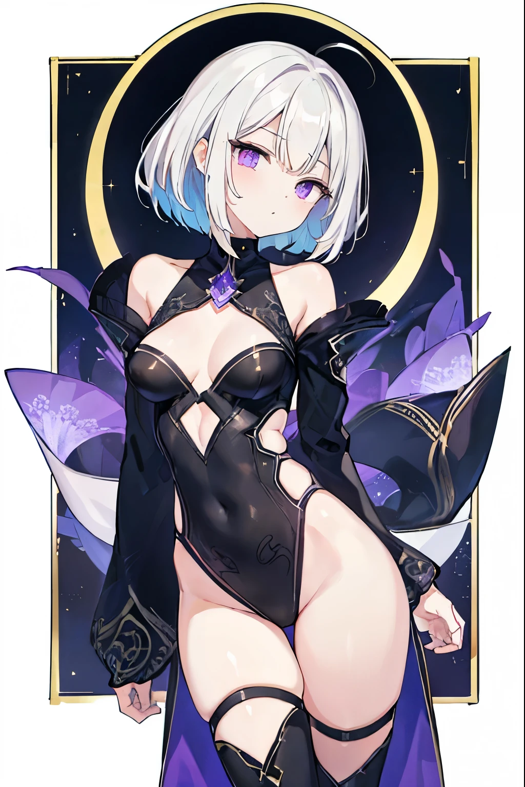1girl, アニメ, cute girl, blank background, white background, fantasy, detailed fantasy dress with highlights, beautiful face, beautiful eyes, dark colors, black hair with multicolor streaks, red eye with different color pupil in eye, multicolor eye, medium breasts, slight cleavage, beautiful skin, cute, breast curtains, extremely delicate and beautiful, (beautiful detailed face:1.0), (detailed deep eyes), symmetrical breasts, deep eyes, shiny skin, portrait, slender waist, hips wider than shoulders, thighs, expressionless, young girl, luminous eyes, adorable,(Kpop idol),(aegyo sal:1),(Platinum blonde hair:1),((puffy eye)),Black panty,sexy posture,Superskirt, Ultra-high resolution,Black collar,slim figure, Abdominal y tattoo, womb tattoo,Tight-fitting leg ring,y tattoo on half-body,Bare skin, Armored hand,Hidden fingertips,Hand covered,Arm covered,Fist covered,{{beautiful detailed fingers}}, tufts of hair, moderate beautiful breast:1.0,(masterpiece:1.2), best quality, high-res, HDR, perfect face, intricate armor, delicate blue filigree, intricate filigree, red metalic parts, detailed part, dynamic pose, dynamic lights, cute face, neutral expression, shuimobysim, lotus, Hanfu, maxi skirt, dress conservatively 1girl, 独奏, long blue hair, standing, One lady,14years,((White hair) ,(Shiny purple bodysuit with microskirt),((Fantasy, Moon Night)), gradient_eyes,