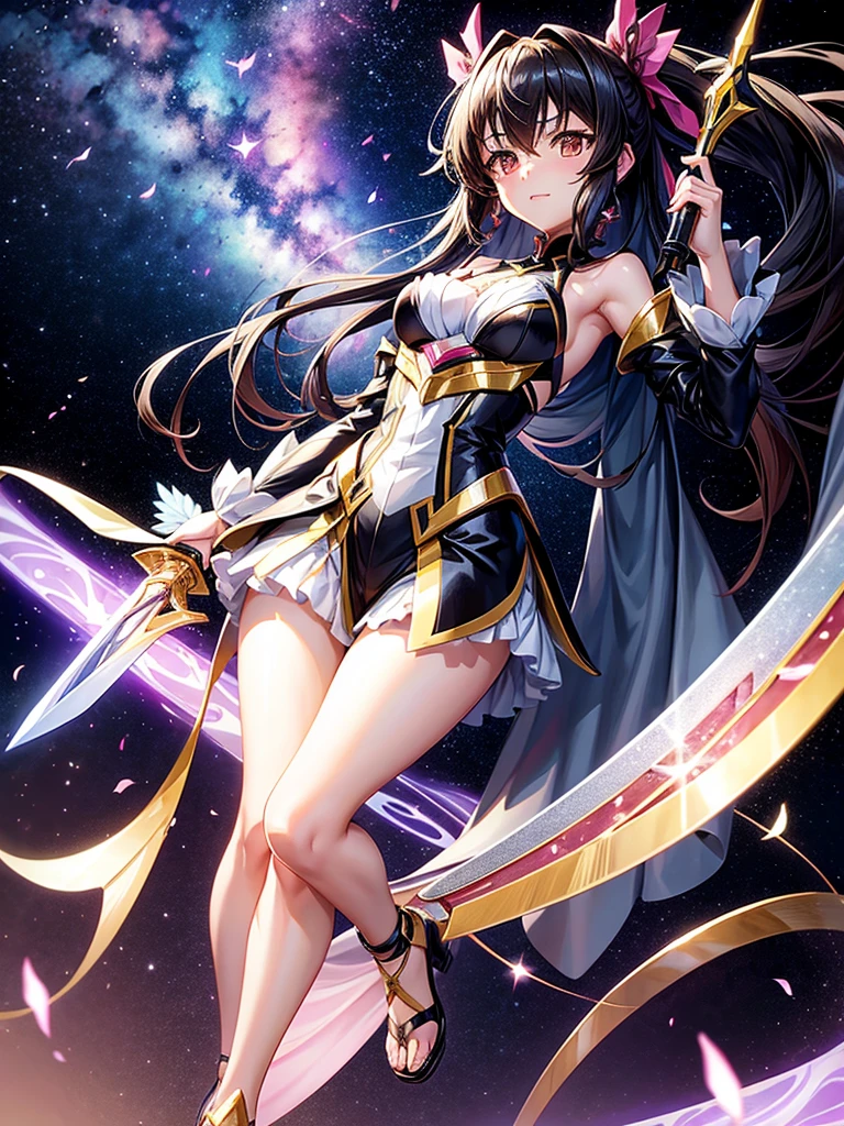 Highest quality,Highest Resolution,A beautiful girl in a metallic high-leg outfit, like Tsubasa Kazanari from Symphogear,Earth Behind,universe,Milky Way,Black Hair,Sword1I have it in my hand,