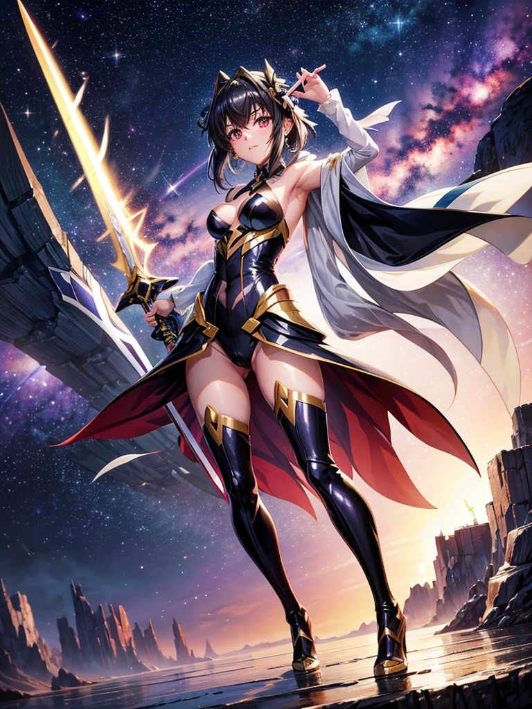 Highest quality,Highest Resolution,A beautiful girl in a metallic high-leg outfit, like Tsukuyomi Shirabe from Symphogear,Earth Behind,universe,Milky Way,Black Hair,Sword1I have it in my hand,