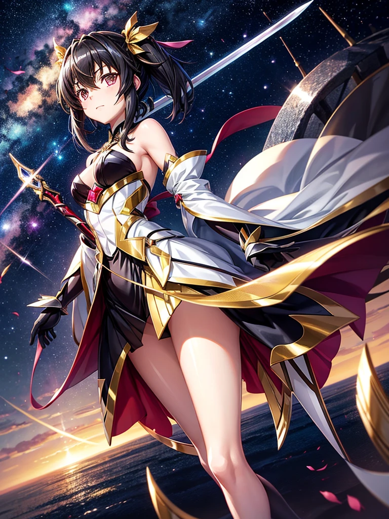 Highest quality,Highest Resolution,A beautiful girl in a metallic high-leg outfit, like Tsukuyomi Shirabe from Symphogear,Earth Behind,universe,Milky Way,Black Hair,Sword１I have it in my hand,