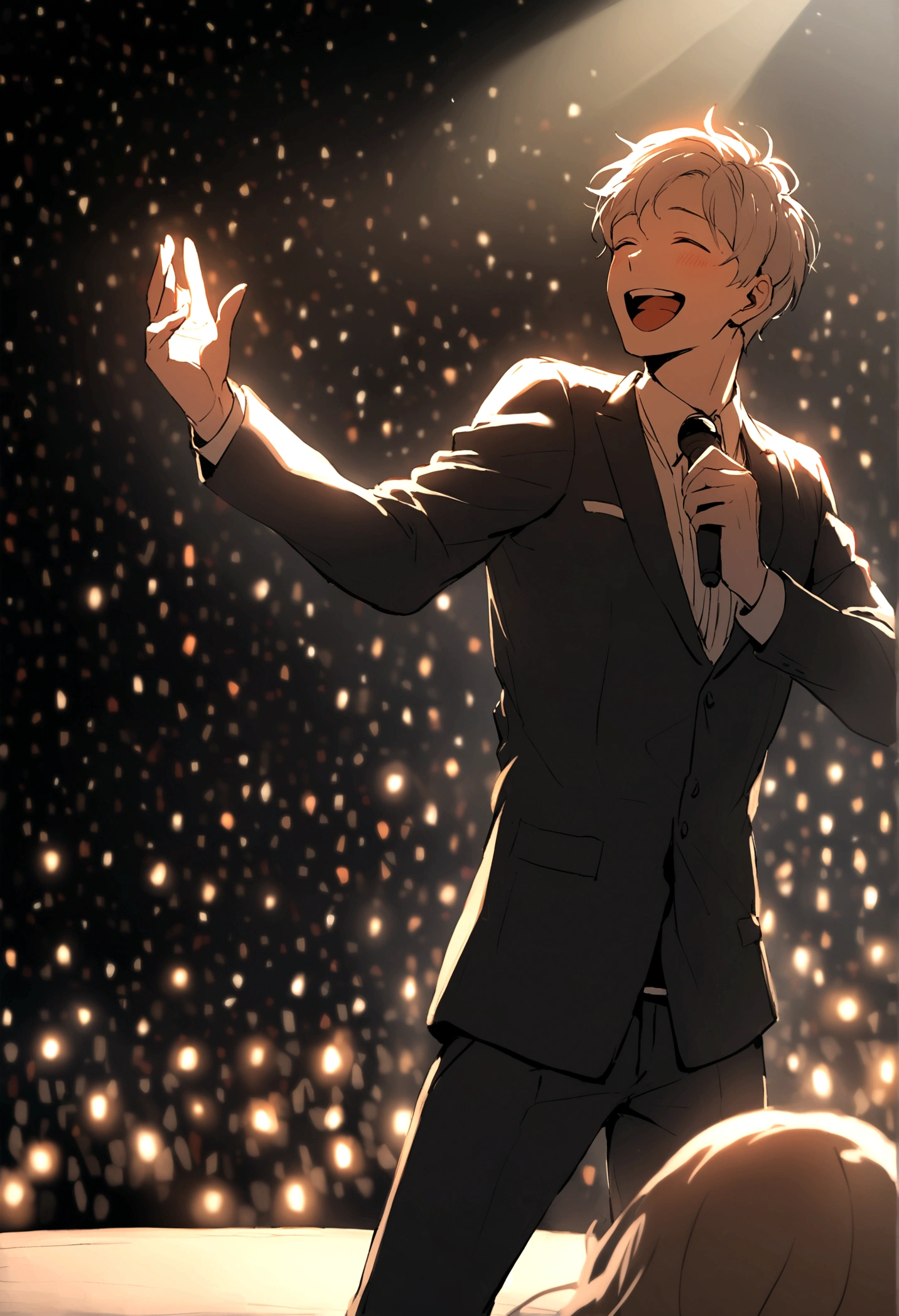 A Guy singing happily on the stage while the audience hate him
