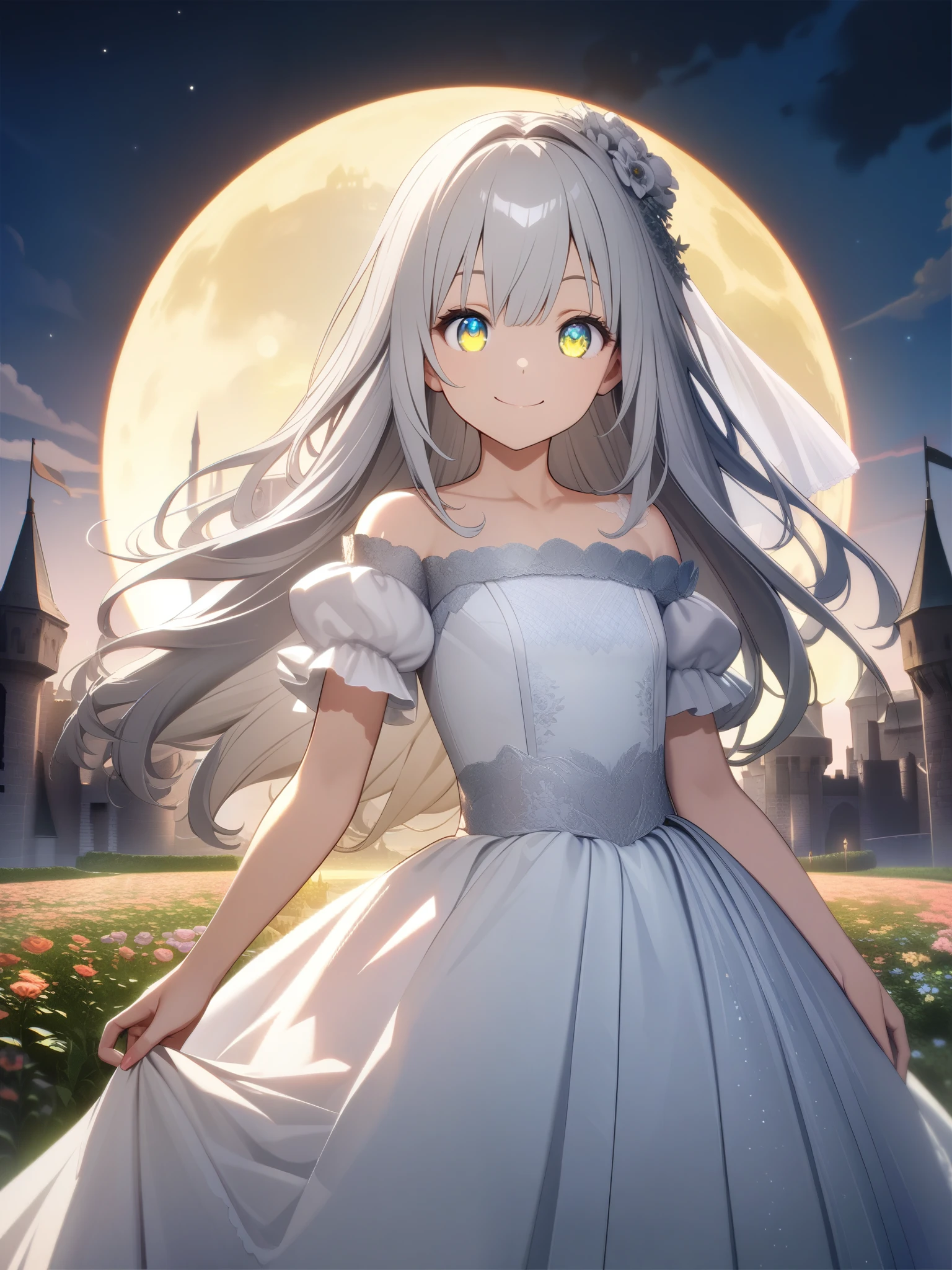 32k, best quality, ultra high res, HDR, uhd, extremely detailed CG, unity 32k wallpaper, (((Unity 8k Wallpaper))), (((masutepiece))), (((Best Quality))), (((Ultra-detailed))), (((High resolution))), (((extremely delicate and beautiful))), ((((Beautiful detailed eyes)))), (((Cute Girl))), ((happy smail)), (((Wedding dresses with ruffles))), (((shiny silver hair))), (((Long hair))), (((front))), (((8 km Full Moon))), (((Castle background))), (((Smile))),