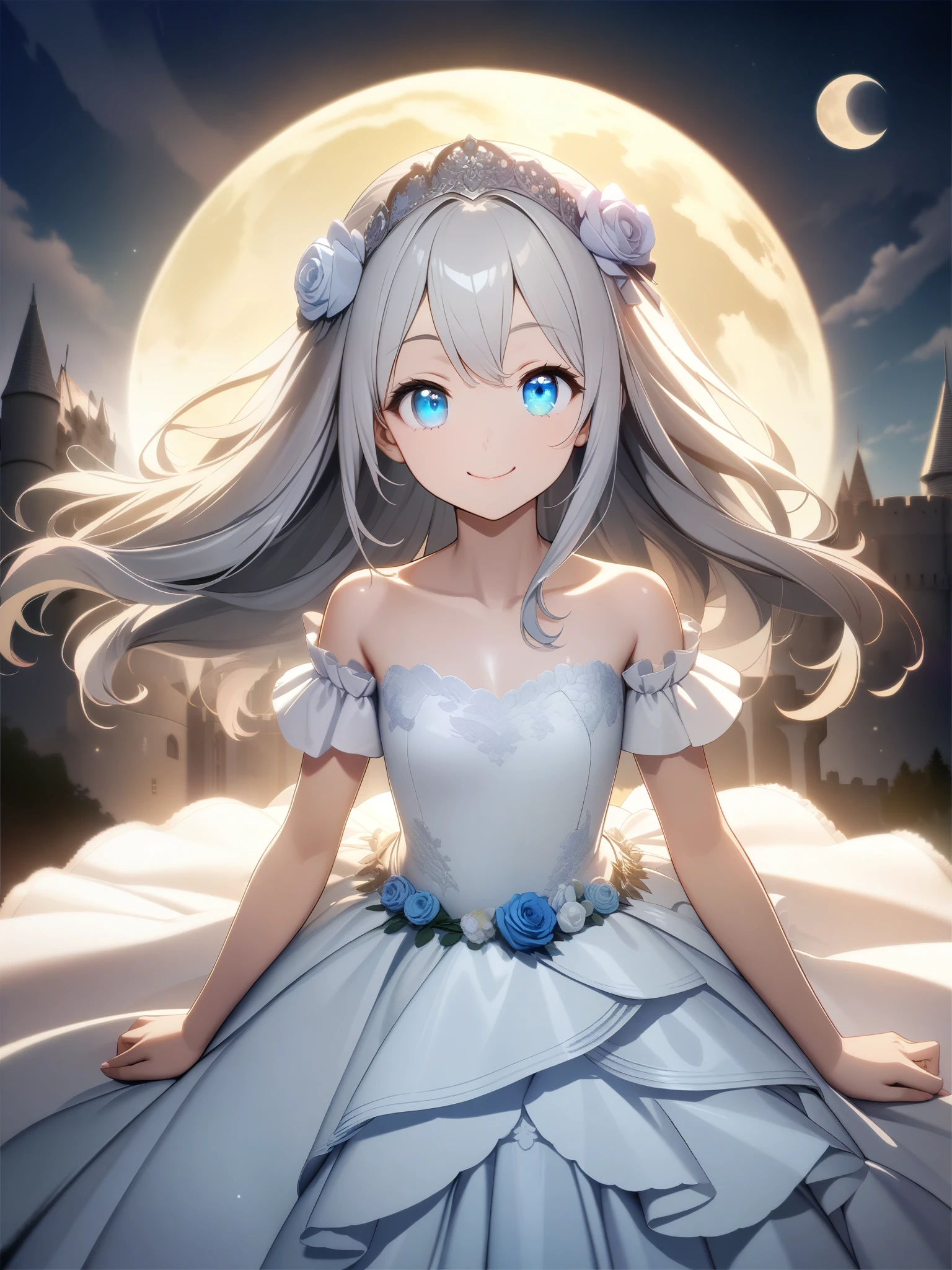 32k, best quality, ultra high res, HDR, uhd, extremely detailed CG, unity 32k wallpaper, (((Unity 8k Wallpaper))), (((masutepiece))), (((Best Quality))), (((Ultra-detailed))), (((High resolution))), (((extremely delicate and beautiful))), ((((Beautiful detailed eyes)))), (((Cute Girl))), ((happy smail)), (((Wedding dresses with ruffles))), (((shiny silver hair))), (((Long hair))), (((front))), (((8 km Full Moon))), (((Castle background))), (((Smile))),