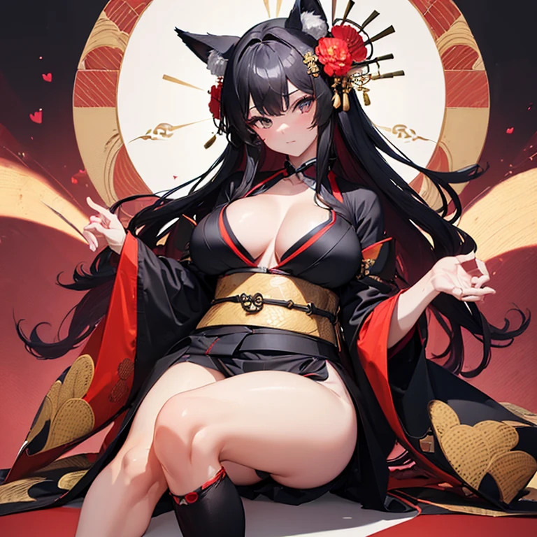 (Fox Girl, Fox Ears, Black colored hair, Fox Makeup, One Girl, Long Hair:1.2), (kimono, Kimono with open chest, A beautiful kimono with red and black patterns, I can see her cleavage, Open chest, Exposed skin:1.8), (Body size is 100-70-90!, Nice body, Big Breasts, Soft breasts, Emphasize cleavage, One leg is slightly visible, Muscular, Abdominal muscles, Grab your own chest:1.9), Avatar, face, lewd face, Dominant representation, naughty face, Uplifting, Skin Texture, outside, Grassy field