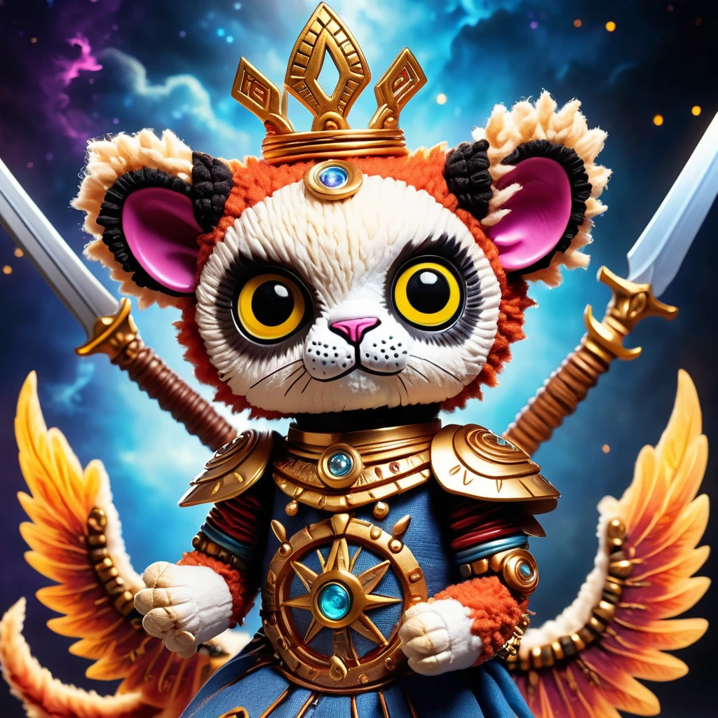 (knitted toy voodoo doll:2.0), (Voodoo Lemur:1.7), (Clothing: radiant armor with celestial symbols, glowing wings:1.0), (Accessories: flaming sword, divine shield, halo crown:1.2), (background: heavenly realm with golden clouds, celestial gates, and beams of divine light:1.2), best quality, masterpiece, detailed soft oil painting, detailed background, dramatic cinematic lighting, soft edge lighting, professional, dramatic lighting, hard edge lighting, ultra quality, 4k, masterpiece, best quality, 8k, ultra high definition, high resolution, extremely detailed
