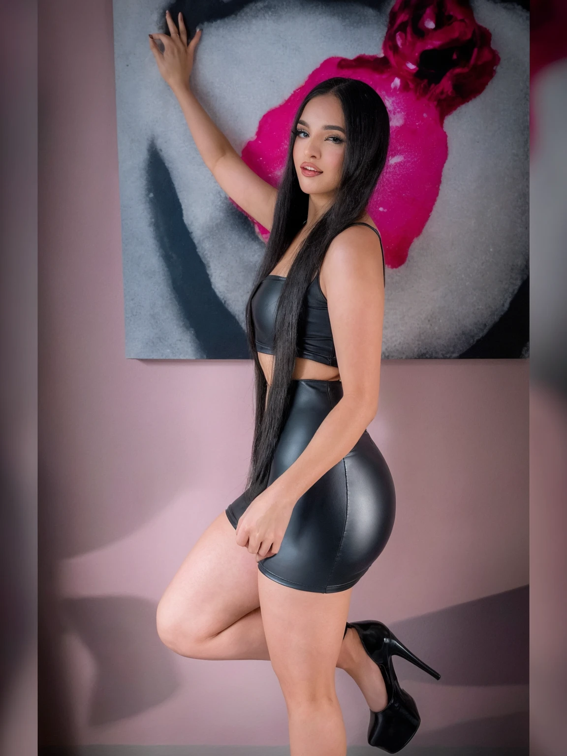 Arafed woman dressed in black leather posing in front of a painting, succubus in short tight dress, ayahuasca, angelablanca, leathery, wearing black latex suit, Violet Myers, Alanis Guillén, taken in 2 0 2 0, Rosalie, black leather dress, adriana dxim, the extremely hot and sexy