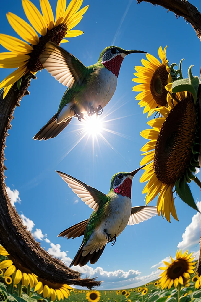 A robot hummingbird drinking nectar from a sunflower, Light refracts and creates colors.、A kaleidoscopic look。 BREAK , design an image with fisheye lens effect，Capture a wide field of view with a unique curved perspective。 BREAK，sunlight