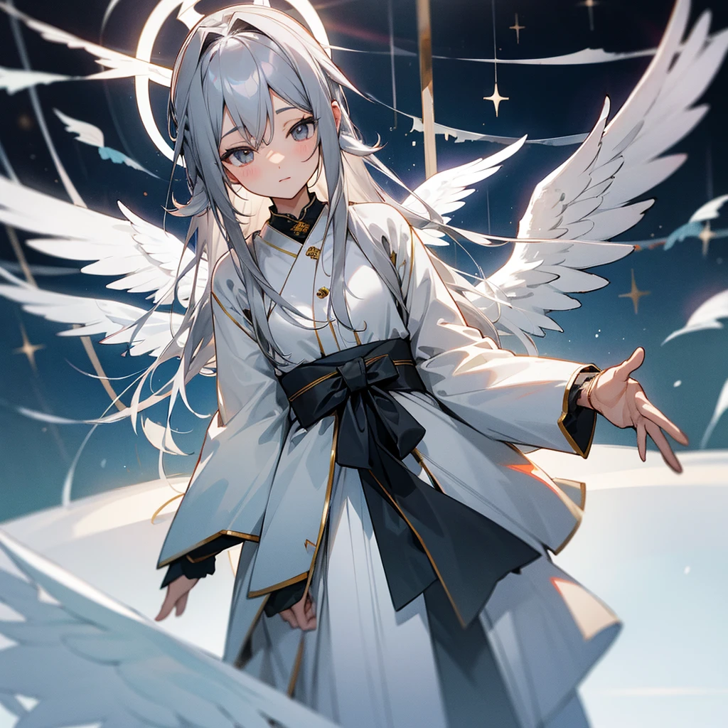 Gray Hair　Lots of decorations in the hair、God Aura、
Angel Halo、wing、from the front、high resolution