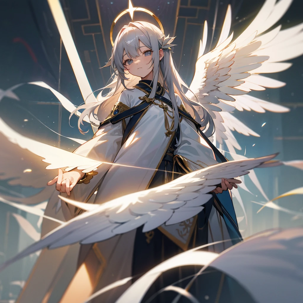 Gray Hair Lots of decorations in the hair、God Aura、
Angel Halo、wing、from the front、high resolution