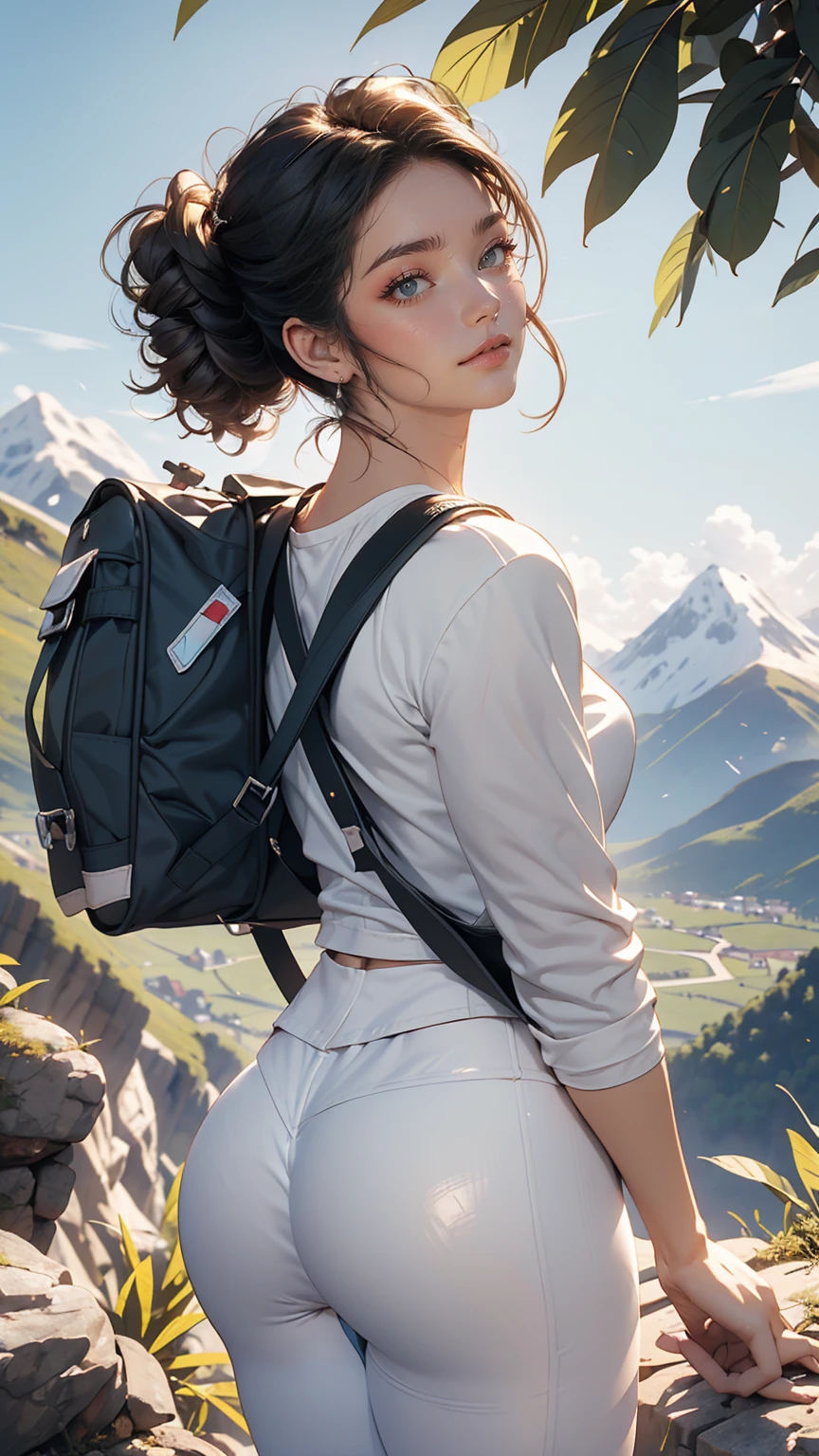 (8K, RAW photos, best quality, masterpiece:1.2), (realistic, photo-realistic:1.3)、((1 woman)), A 20-year-old Japanese woman with a beautiful face. clean and white skin, hair is gray、Eye color is dark blue, laugh, high definition face, Curly short hair, (((mountain climbing))), (((Carrying a large hiking bag, Looking back wearing white leggings.))), buttocks emphasis, from bottom to top, glowing skin, photometry, (((slim body))), vivid colors,