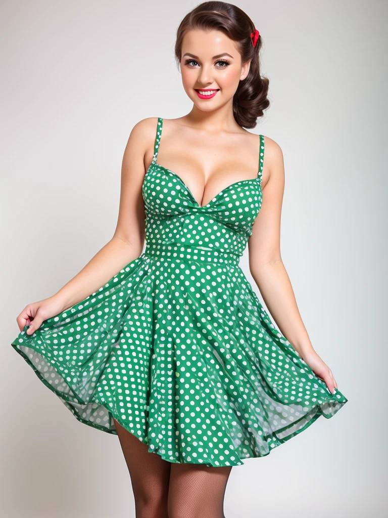 35mm photography front centered composition girl stands half-turned smiling playfully posing sexy pin up dressed in a green polka dot dress in pinup style white background beautiful eyes, perfect skin, detailed skin, big, beautiful fingers and nails , (4K, ultra detailed) stockings on legs professional studio photography