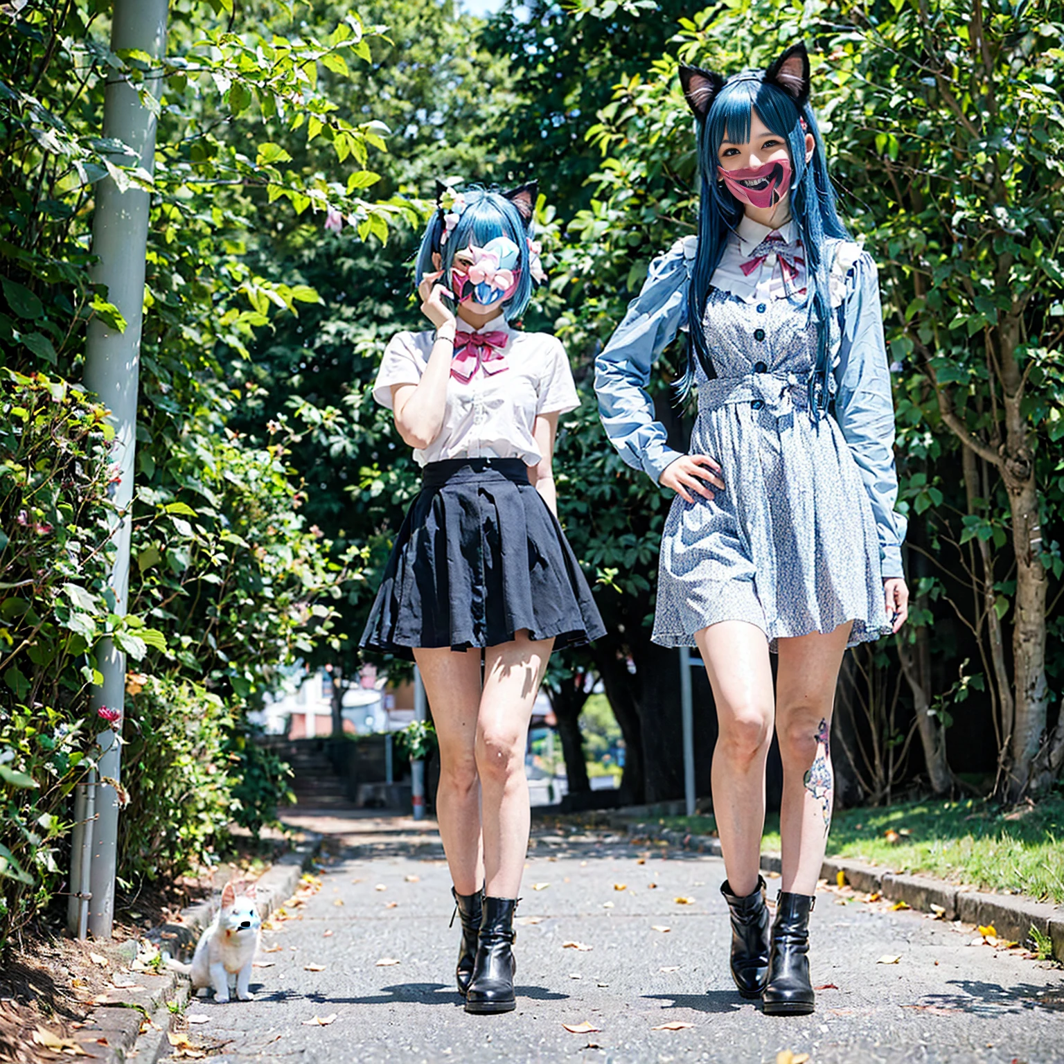 Cat ear Madoka Magica Cute girl Blue hair Full body standing Smile
