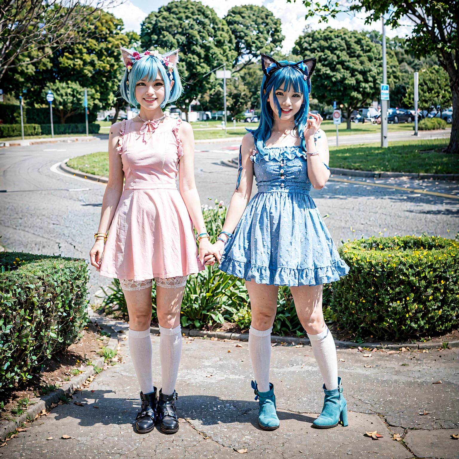 Cat ear Madoka Magica Cute girl Blue hair Full body standing Smile