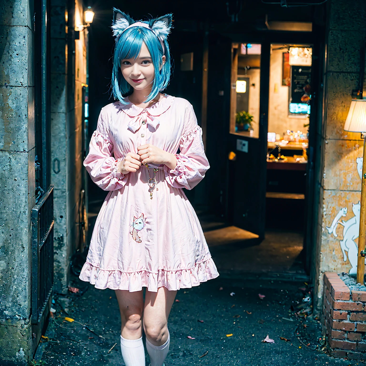 Cat ear　Madoka Magica Cute girl Blue hair Full body standing Smile