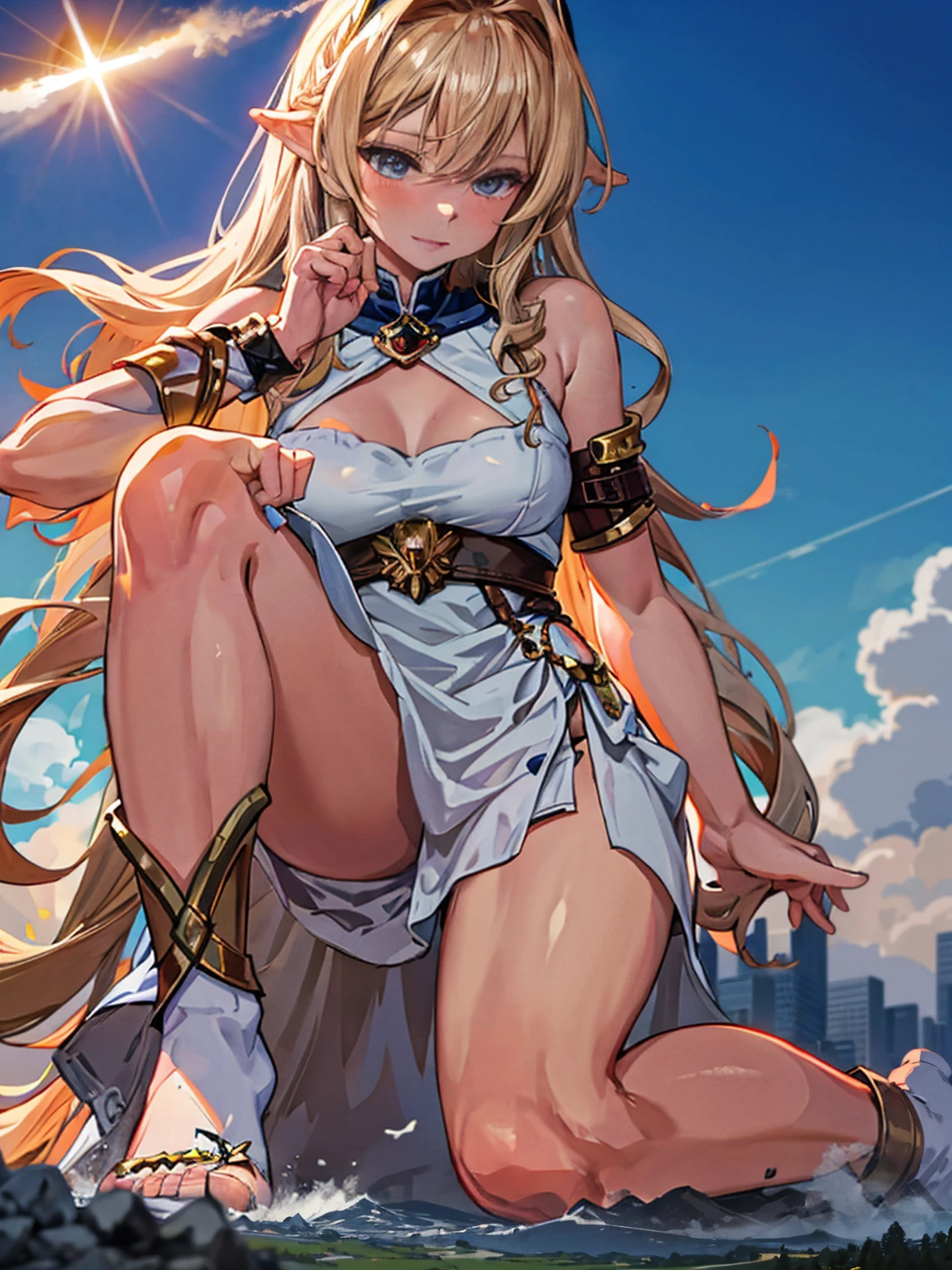 freya, a 68 meter valkyrie, descends from the heavens at dawn, His golden skin glowing in the light of the rising sun. Her long blonde hair blows in the breeze., falling in soft waves on her shoulders. Naked and majestic, settles on a battlefield, Her posture is powerful and seductive., with one leg bent and one hand resting on your hip. His eyes, full of lust and power, They watch the tiny warriors at their feet. with a mischievous smile, raise your foot, crushing a soldier under his heel. His sculpted body exudes an aura of warlike eroticism., enveloping everyone in a spell of submission and fascination.

