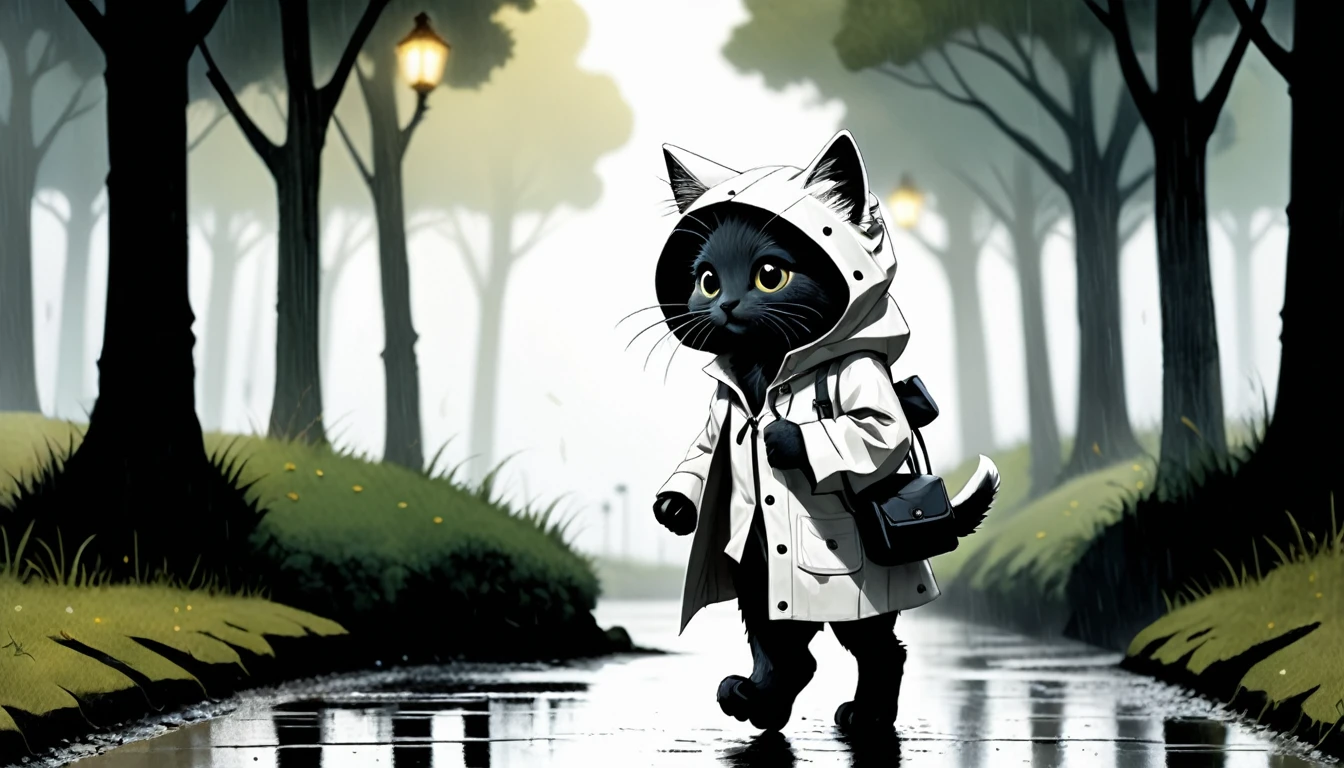 (photo cinematic), (((raining))), anthropomorphic, cute white kitten, raincoat, misty park, walking, listening to music on headphones, 2D, silhouette, Jean-Baptiste Monge style, Alan Lee style