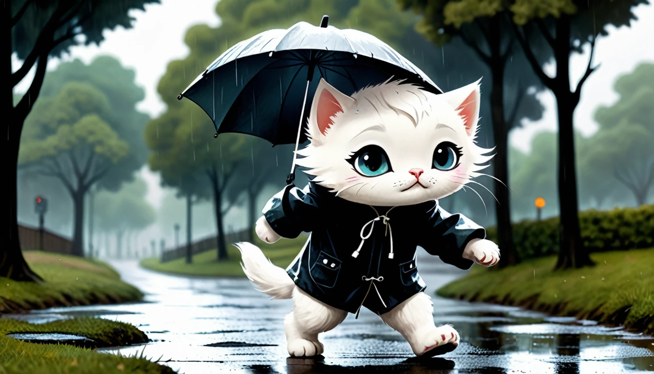 (photo cinematic), (((raining))), anthropomorphic, cute white kitten, raincoat, misty park, walking, listening to music on headphones, 2D, silhouette, Jean-Baptiste Monge style, Alan Lee style