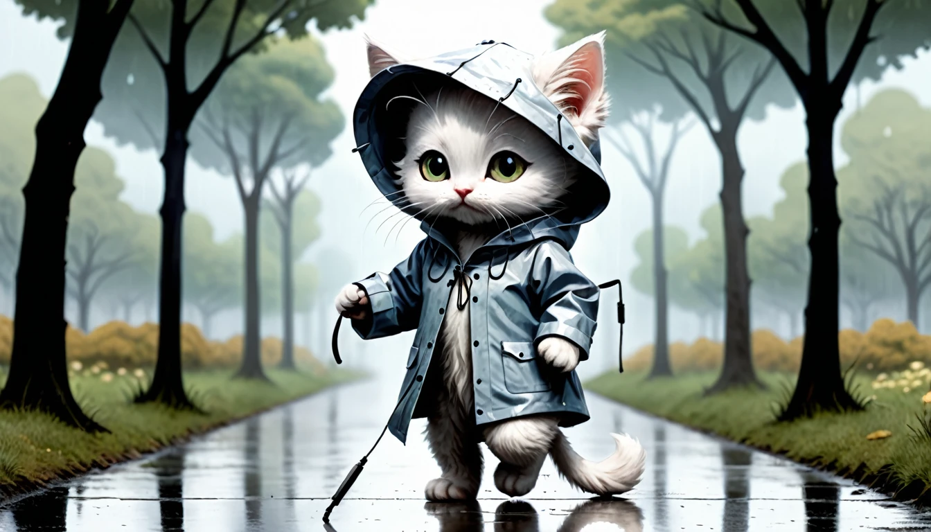 (photo cinematic), (((raining))), anthropomorphic, cute white kitten, raincoat, misty park, walking, listening to music on headphones, 2D, silhouette, Jean-Baptiste Monge style, Alan Lee style