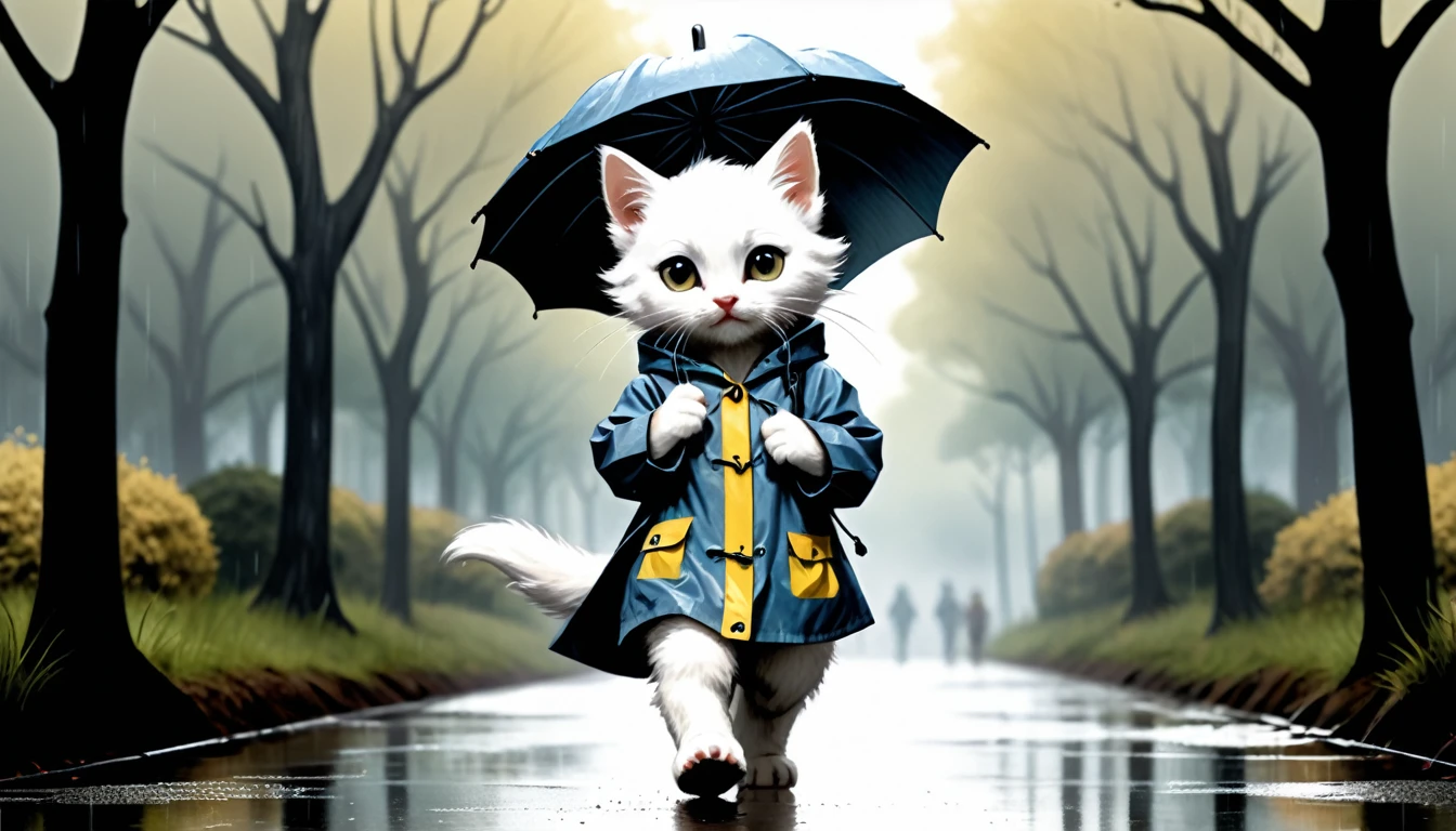 (photo cinematic), (((raining))), anthropomorphic, cute white kitten, raincoat, misty park, walking, listening to music on headphones, 2D, silhouette, Jean-Baptiste Monge style, Alan Lee style