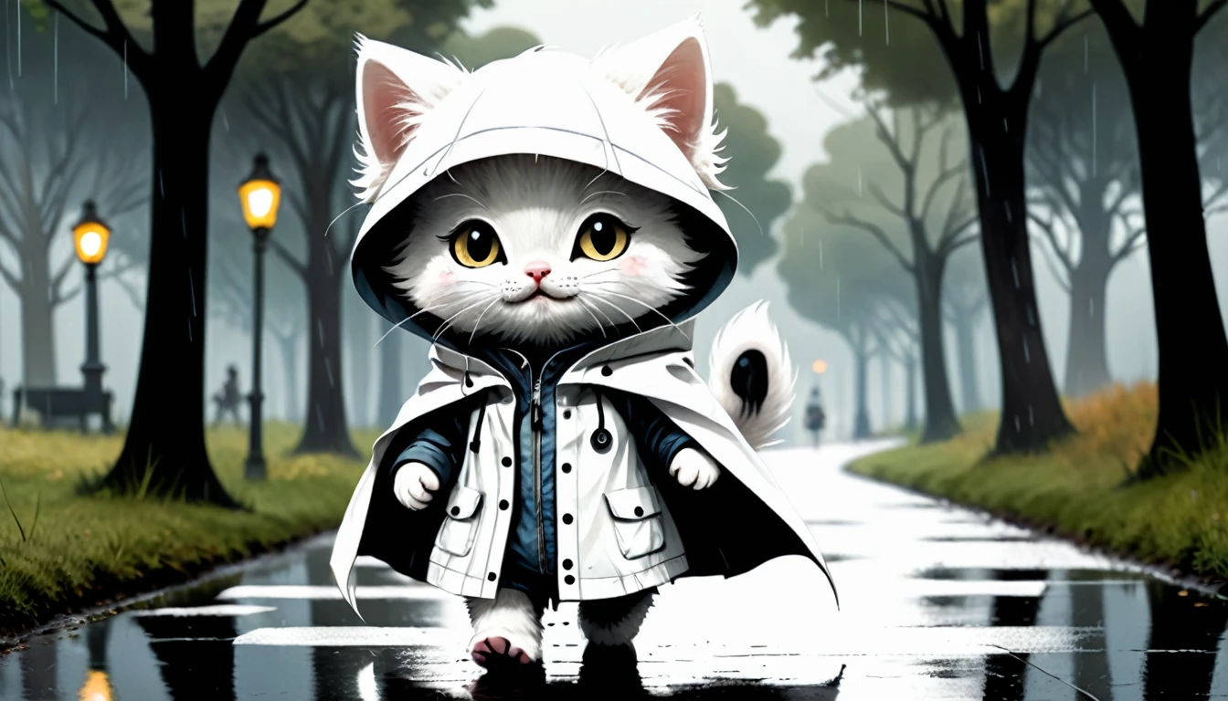 (photo cinematic), (((raining))), anthropomorphic, cute white kitten, raincoat, misty park, walking, listening to music on headphones, 2D, silhouette, Jean-Baptiste Monge style, Alan Lee style