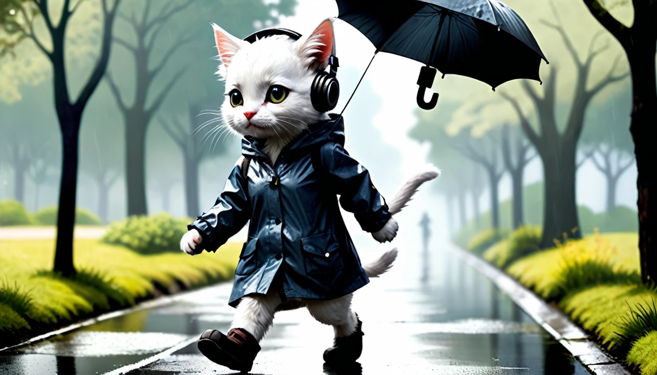 (photo cinematic), (((raining))), anthropomorphic, cute white kitten, raincoat, misty park, walking, listening to music on headphones, 2D, silhouette, Jean-Baptiste Monge style, Alan Lee style