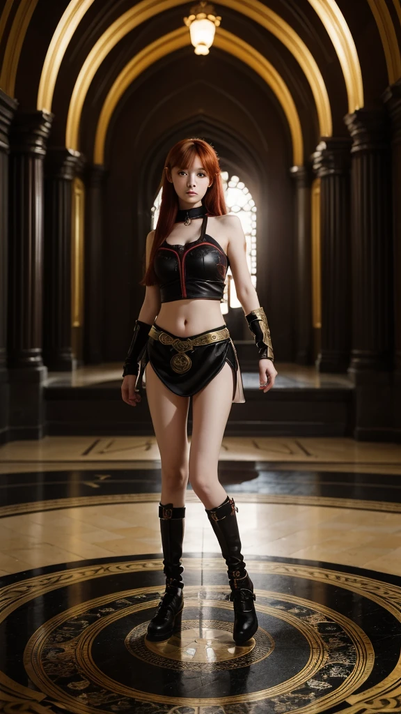 figure from head to toe of a girl with a red hair and big golden eyes with ouroboros-shaped handband, standing od the black stone floor, highly details, fantasy style, blurred stricks and spots in the background, bright light