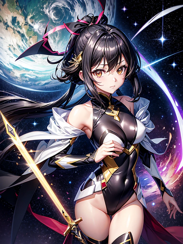 Highest quality,Highest Resolution,A beautiful girl in a metallic high-leg outfit, like Tsukuyomi Shirabe from Symphogear,Earth Behind,universe,Milky Way,Black Hair,Sword1I have it in my hand,