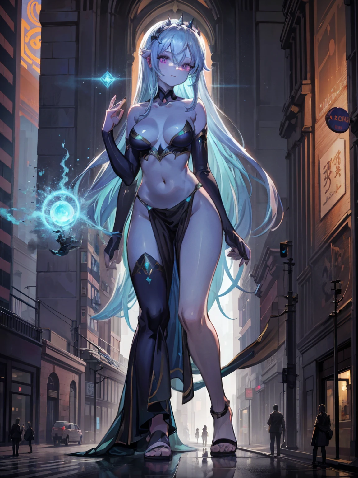 Morgana, a 72 meter magical empress, emerge from a glowing portal, her bright blue skin glowing with a mystical glow. Her long white hair falls in cascades over her shoulders.. Naked and ethereal, standing in a square of an ancient city, His posture is majestic and provocative, with one leg forward and one hand caressing his side. His eyes, full of mystery and desire, They look at the tiny citizens at their feet. With an enigmatic smile, falls on the city, crushing buildings and streets under its divine ass. Her sculpted body radiates an aura of mystical eroticism, enveloping everyone in a spell of submission and fascination.

