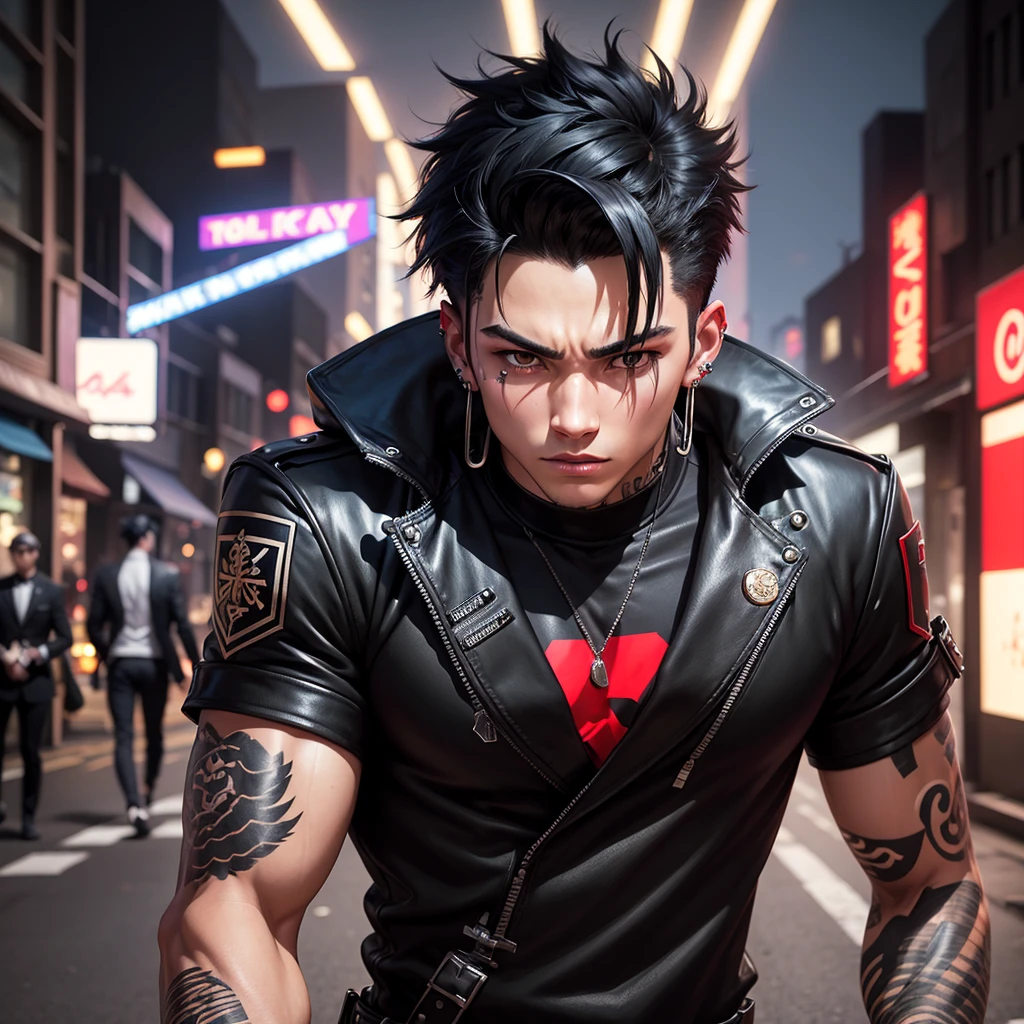 Tokio Revengers, masculine,age 18,black hair,black eye color,with the uniform of the take,earrings in ears,with a cigarette smoking,with tattoos background image on the street at night and peeling