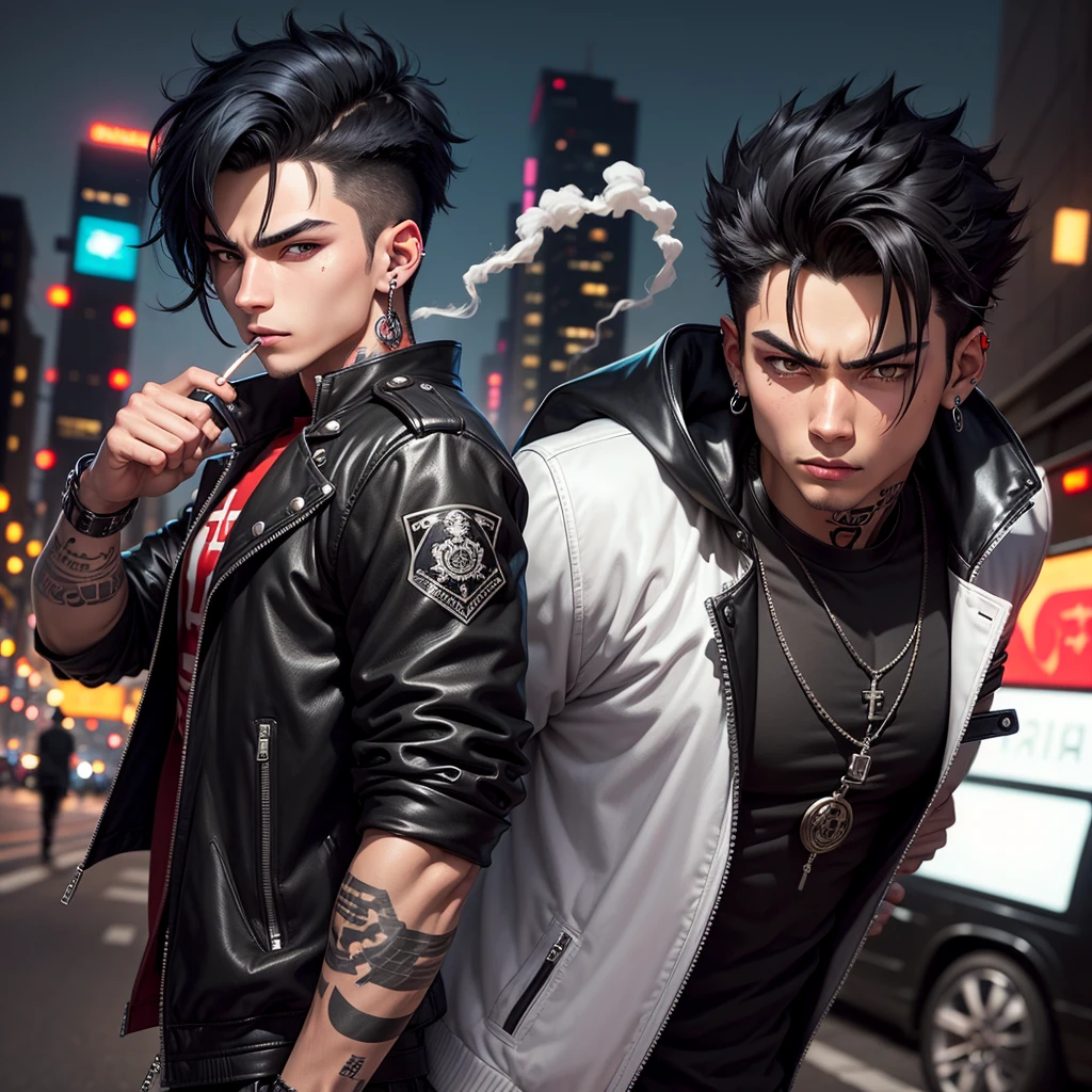 Tokio Revengers, masculine,age 18,black hair,black eye color,with the uniform of the take,earrings in ears,with a cigarette smoking,with tattoos background image on the street at night and peeling